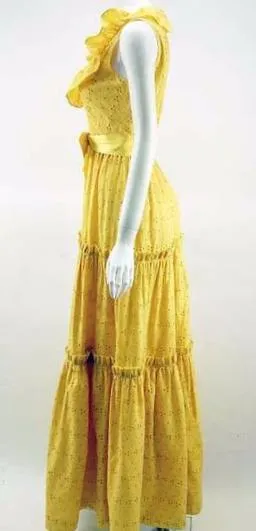 1970s Molly Parnis Summer Maxi Dress with Yellow Eyelet Lace