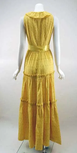 1970s Molly Parnis Summer Maxi Dress with Yellow Eyelet Lace