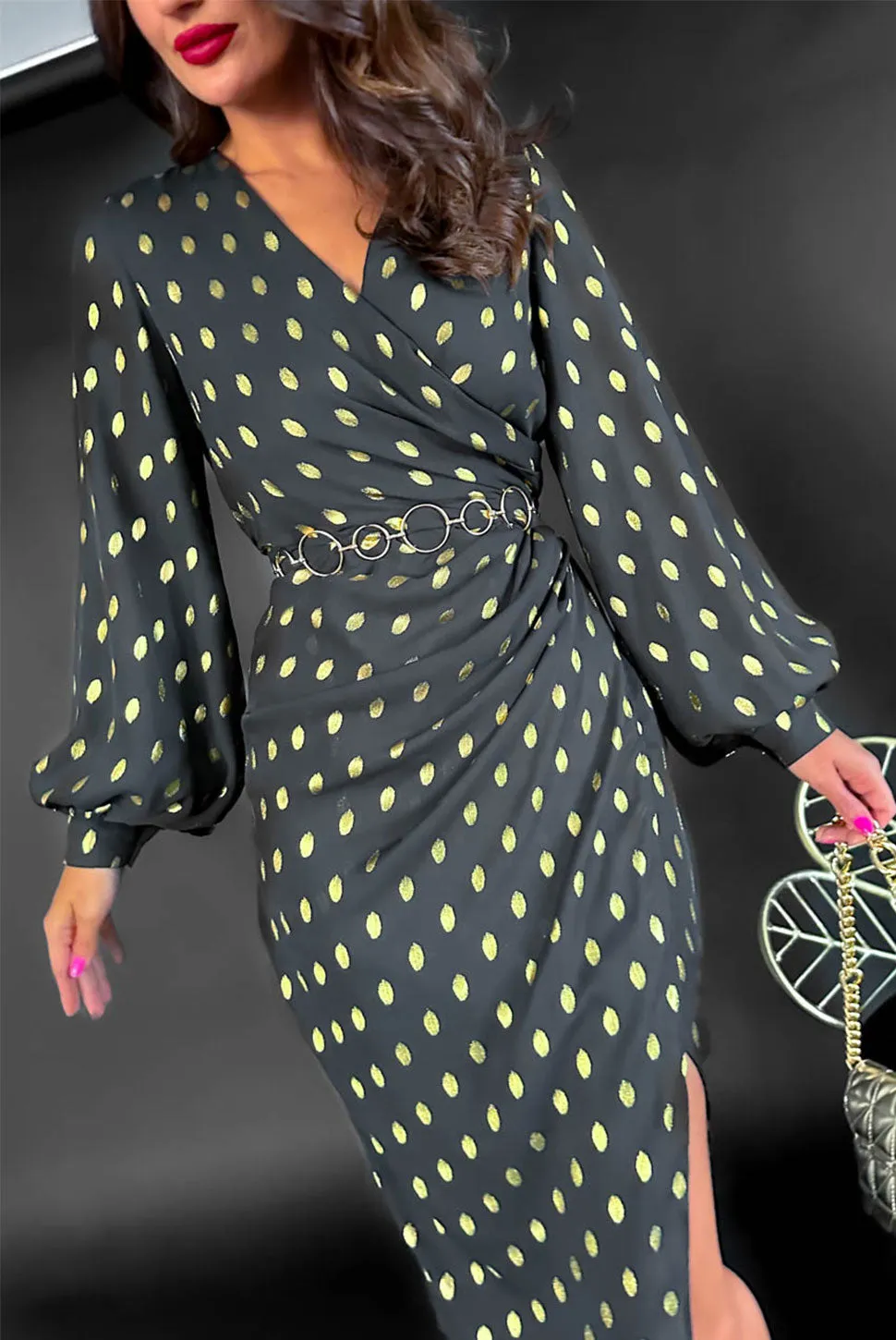 A Class Of Your Own - Black Gold Spot Midi Dress