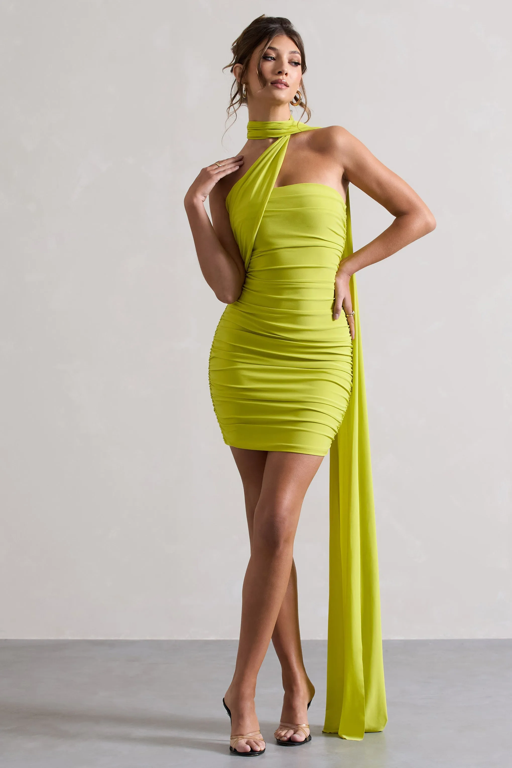 Abel | Lime Green Ruched One Shoulder Mini Dress With Scarf