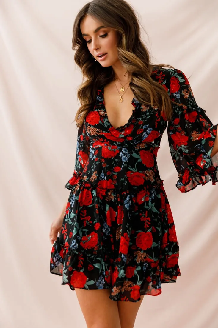 Albany Lace Up Back Frill Dress Black/Red