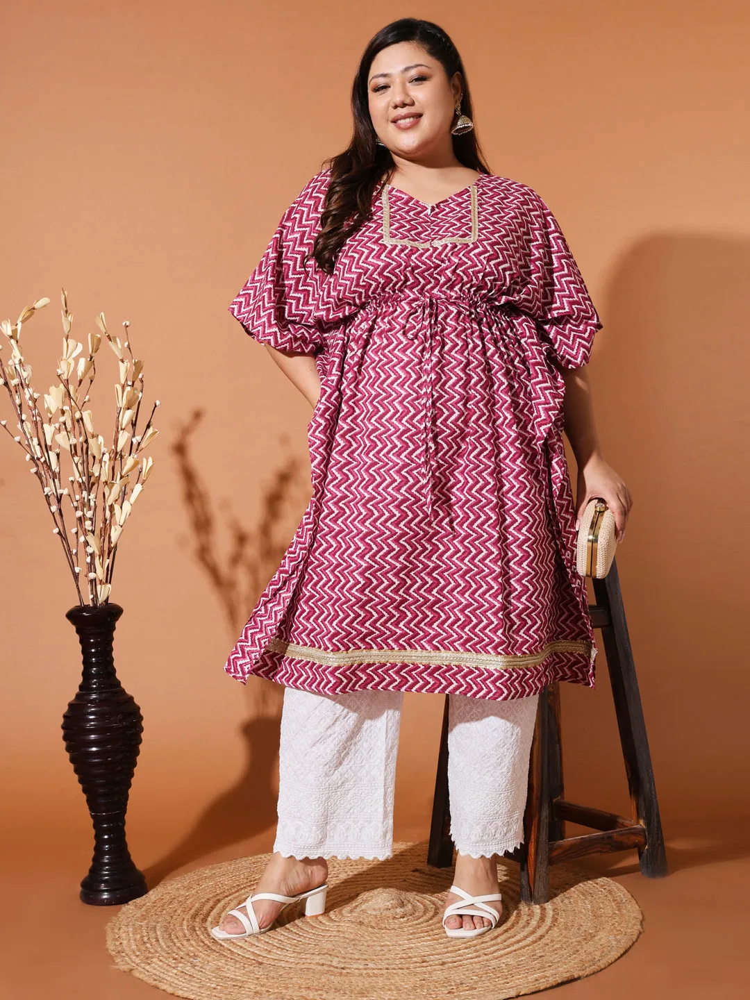 ALIA - PINK AND WHITE PRINTED KAFTAN PLUS CO-ORD SET