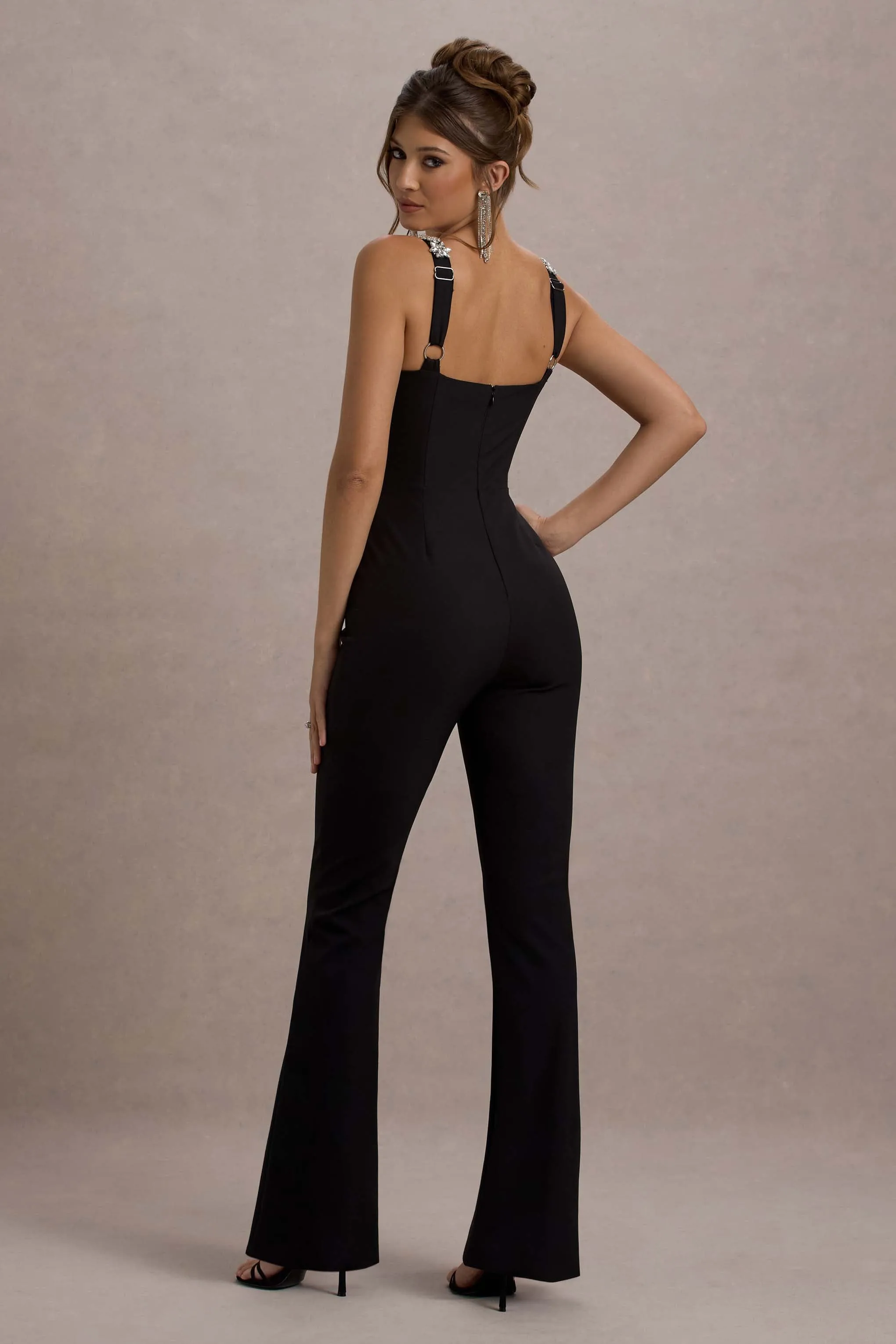 Amadi | Black Embellished Strappy Flared-Leg Jumpsuit