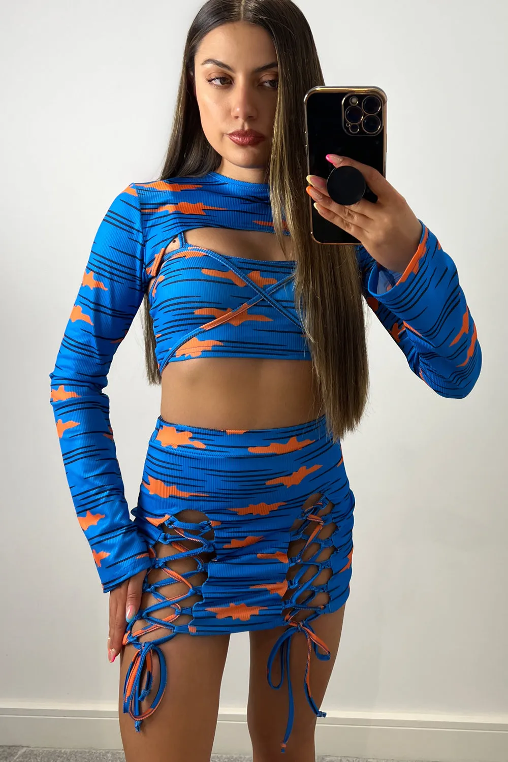 April Blue Rib Printed 3 Piece Lace Up Co-Ord Set