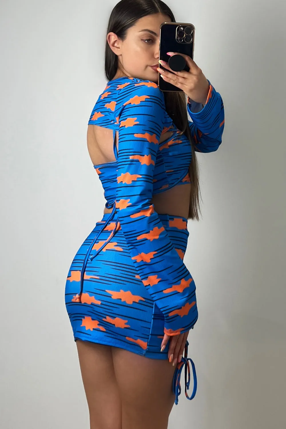 April Blue Rib Printed 3 Piece Lace Up Co-Ord Set