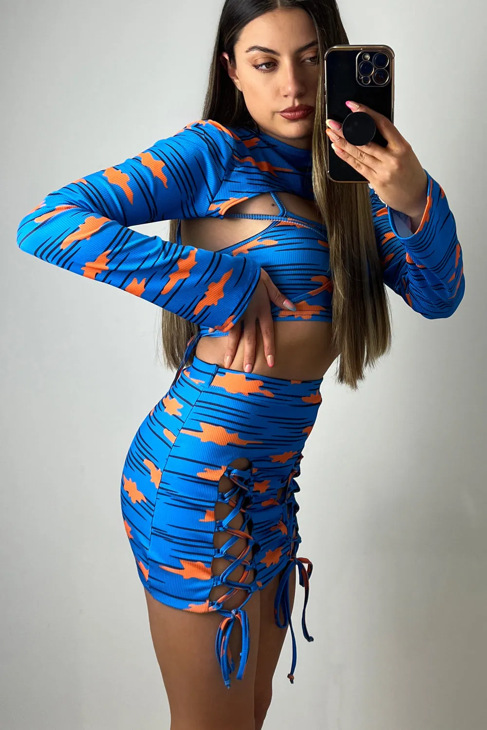 April Blue Rib Printed 3 Piece Lace Up Co-Ord Set