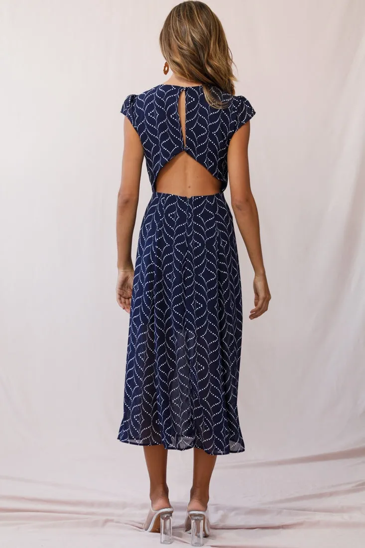 Becky Cap Sleeve Crew Neck Midi Dress Dot Print Navy