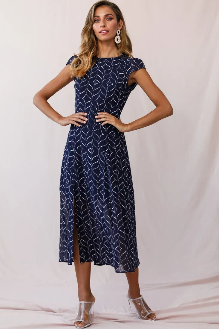 Becky Cap Sleeve Crew Neck Midi Dress Dot Print Navy