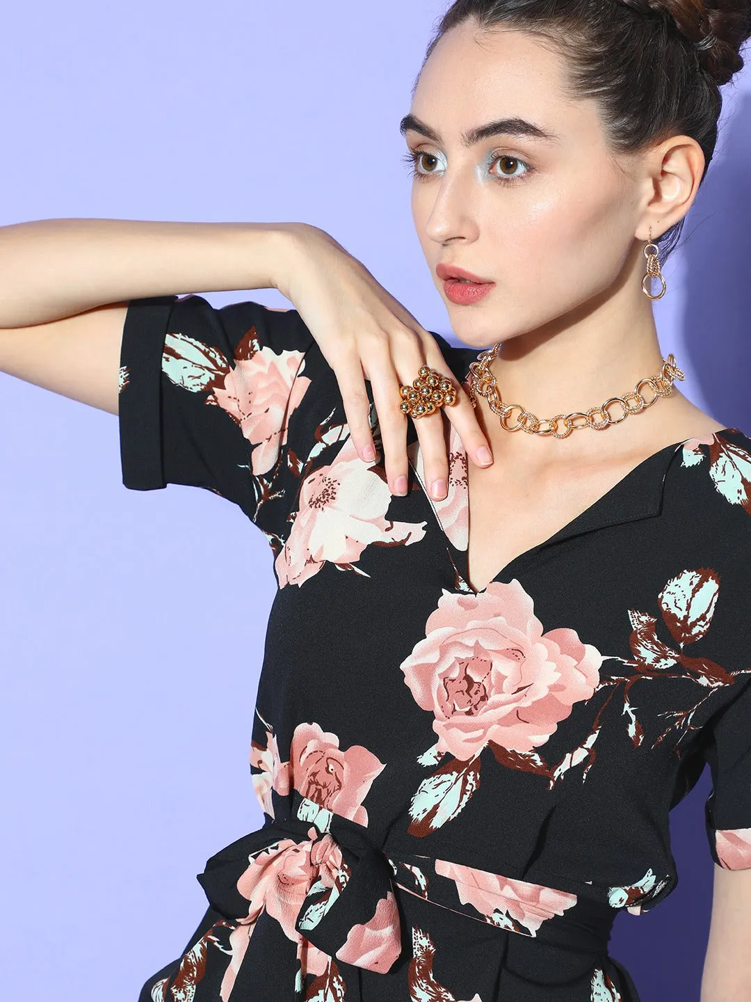 Berrylush Women Black & Pink Floral Printed Shirt Collar Neck Waist Tie-Up Crepe Side-Slited A-Line Midi Dress