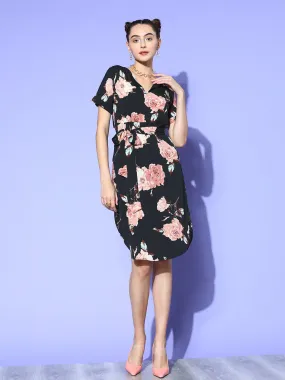 Berrylush Women Black & Pink Floral Printed Shirt Collar Neck Waist Tie-Up Crepe Side-Slited A-Line Midi Dress