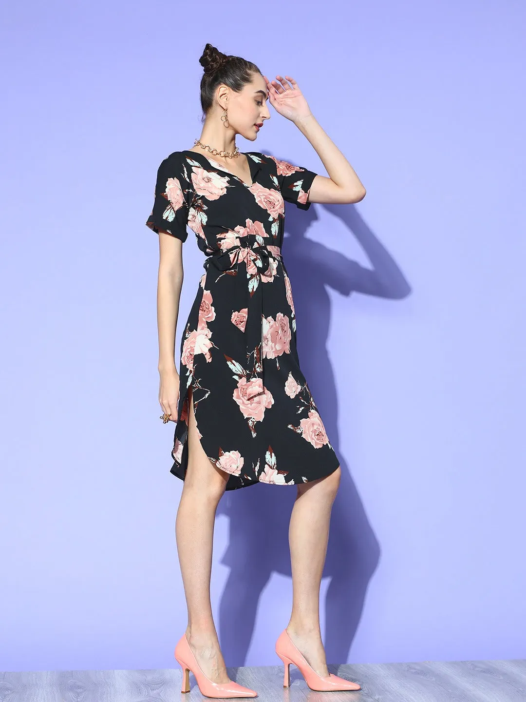 Berrylush Women Black & Pink Floral Printed Shirt Collar Neck Waist Tie-Up Crepe Side-Slited A-Line Midi Dress