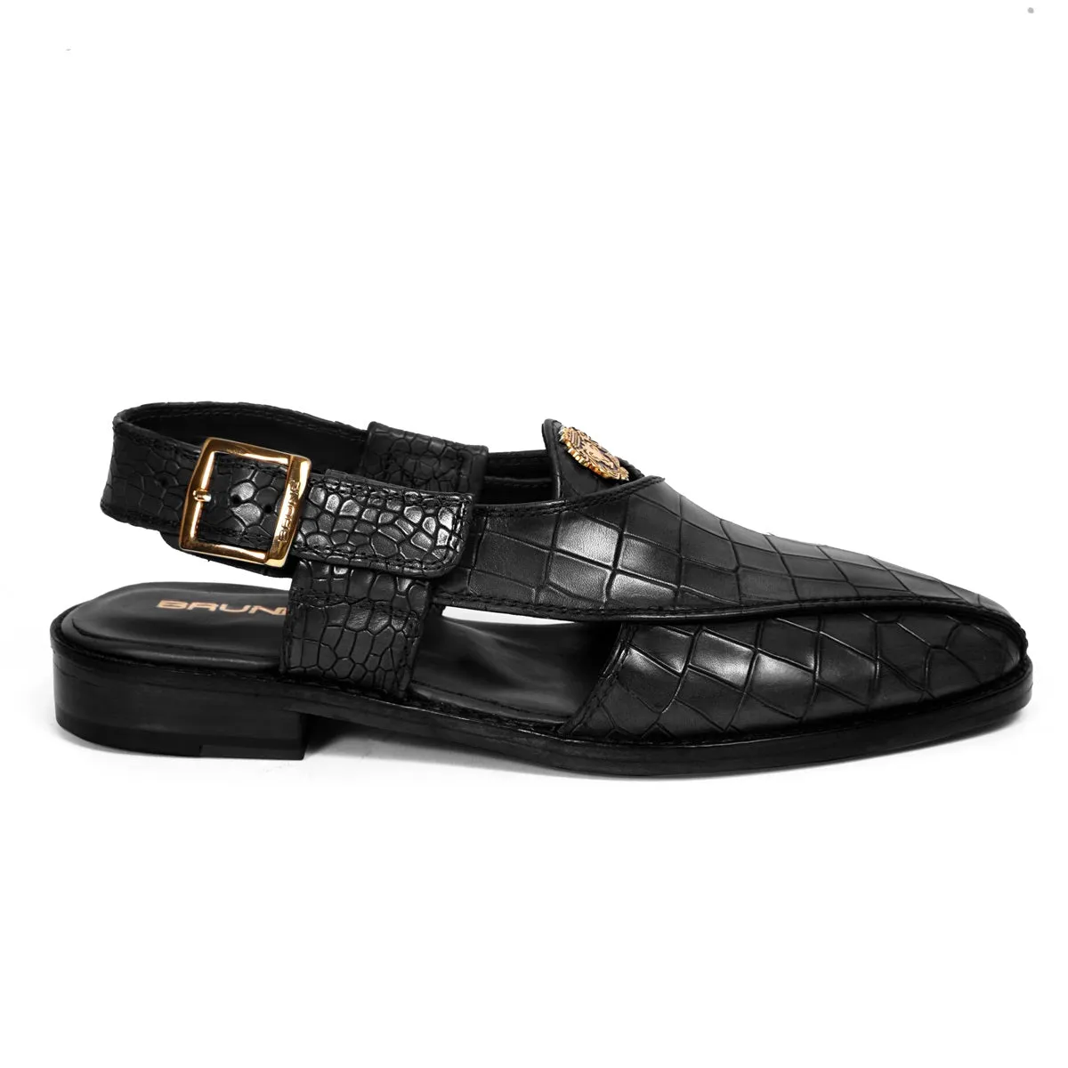 Black Crossed Design Peshawari Sandals Light Weight Deep Cut Croco Textured Leather