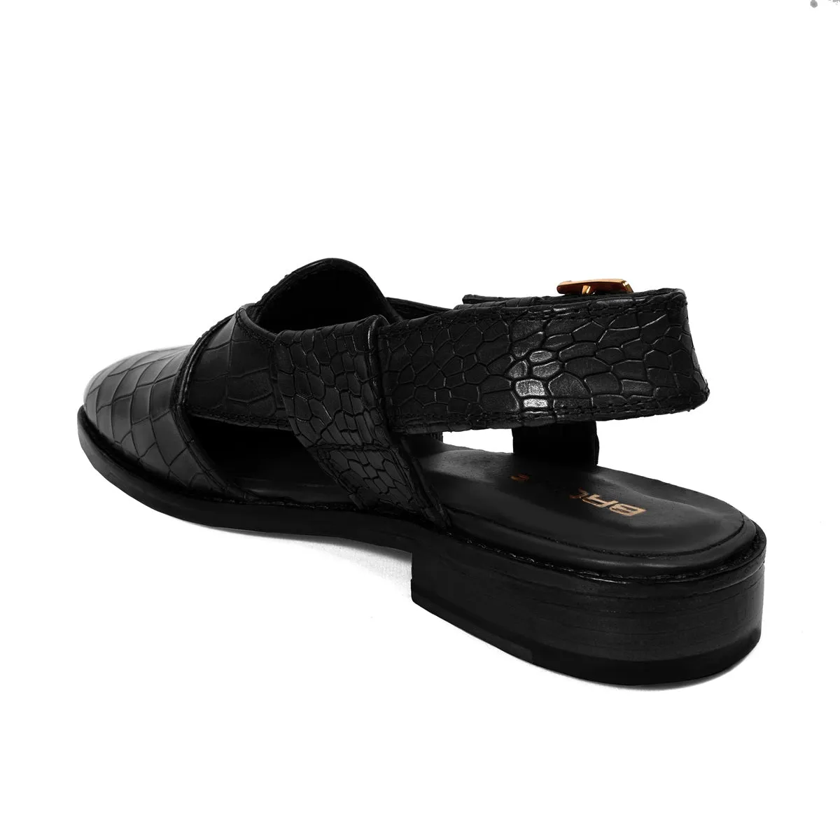 Black Crossed Design Peshawari Sandals Light Weight Deep Cut Croco Textured Leather