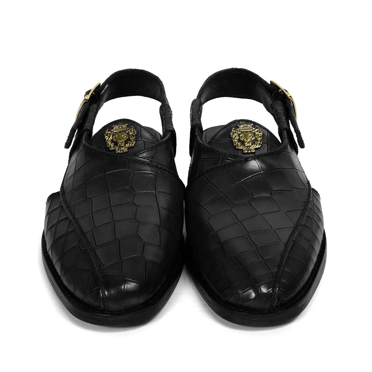 Black Crossed Design Peshawari Sandals Light Weight Deep Cut Croco Textured Leather