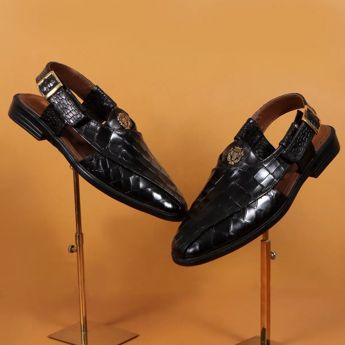 Black Crossed Design Peshawari Sandals Light Weight Deep Cut Croco Textured Leather