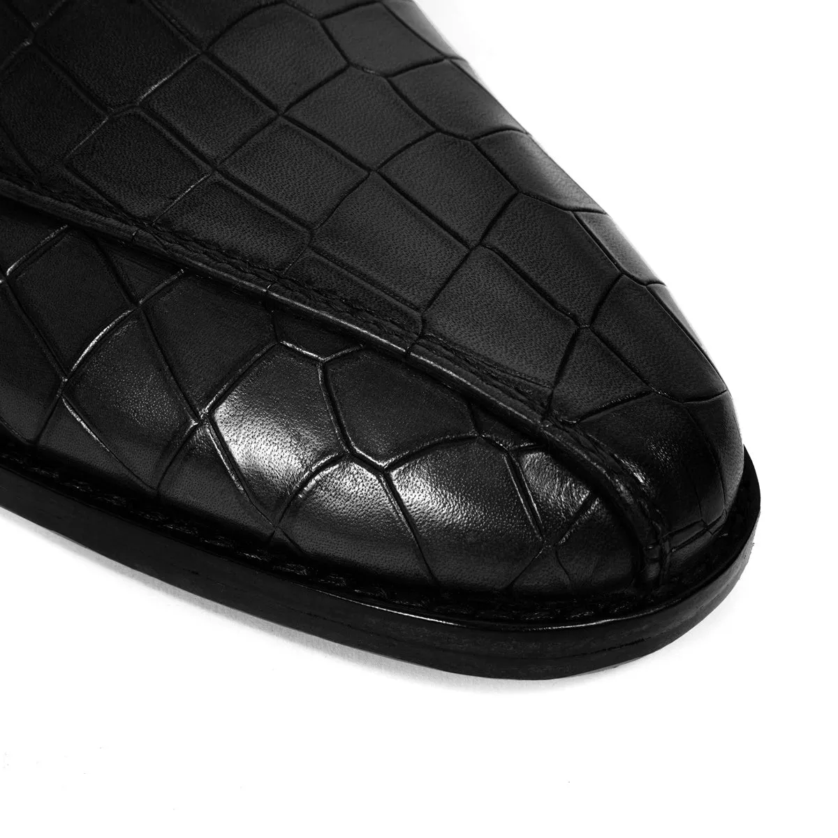 Black Crossed Design Peshawari Sandals Light Weight Deep Cut Croco Textured Leather