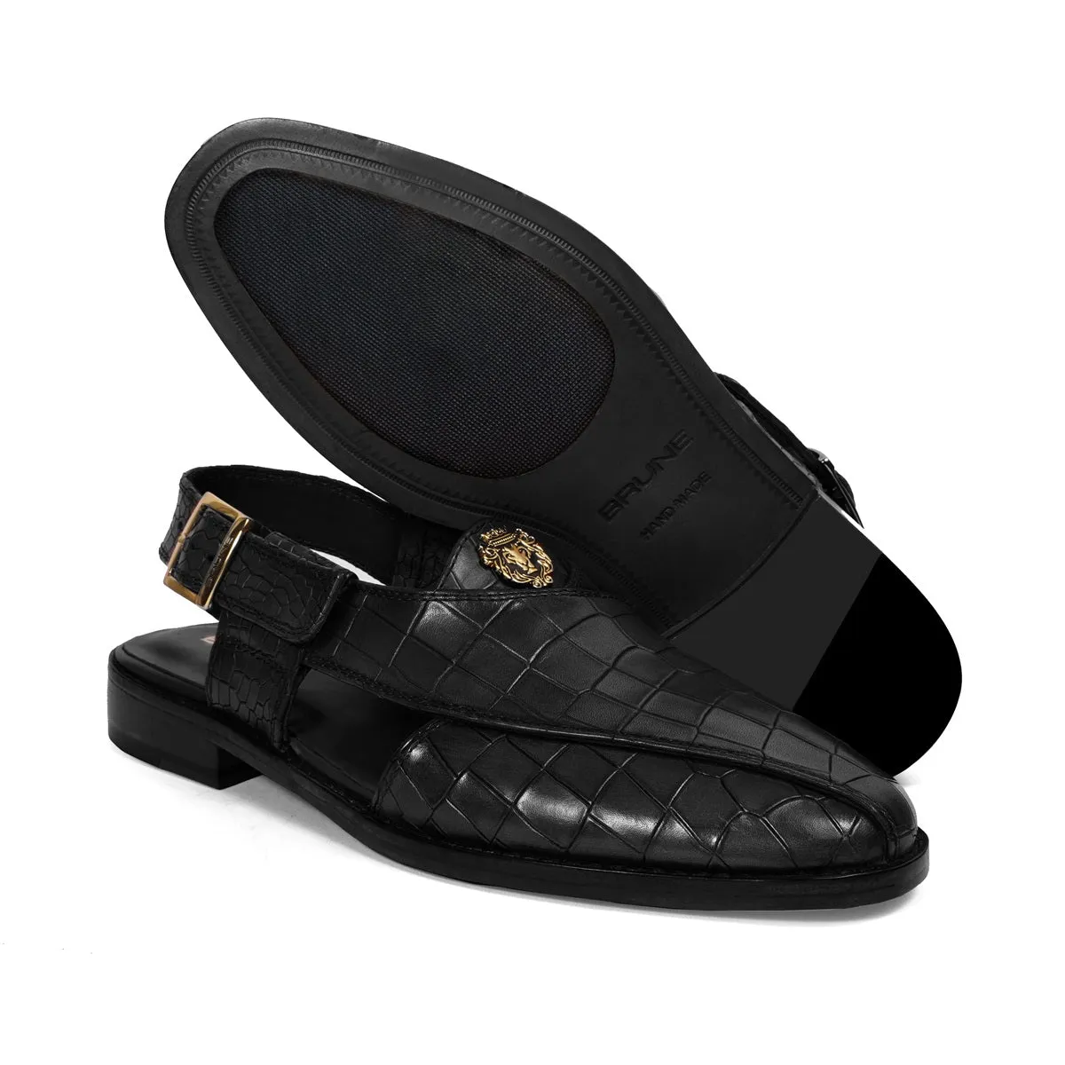 Black Crossed Design Peshawari Sandals Light Weight Deep Cut Croco Textured Leather