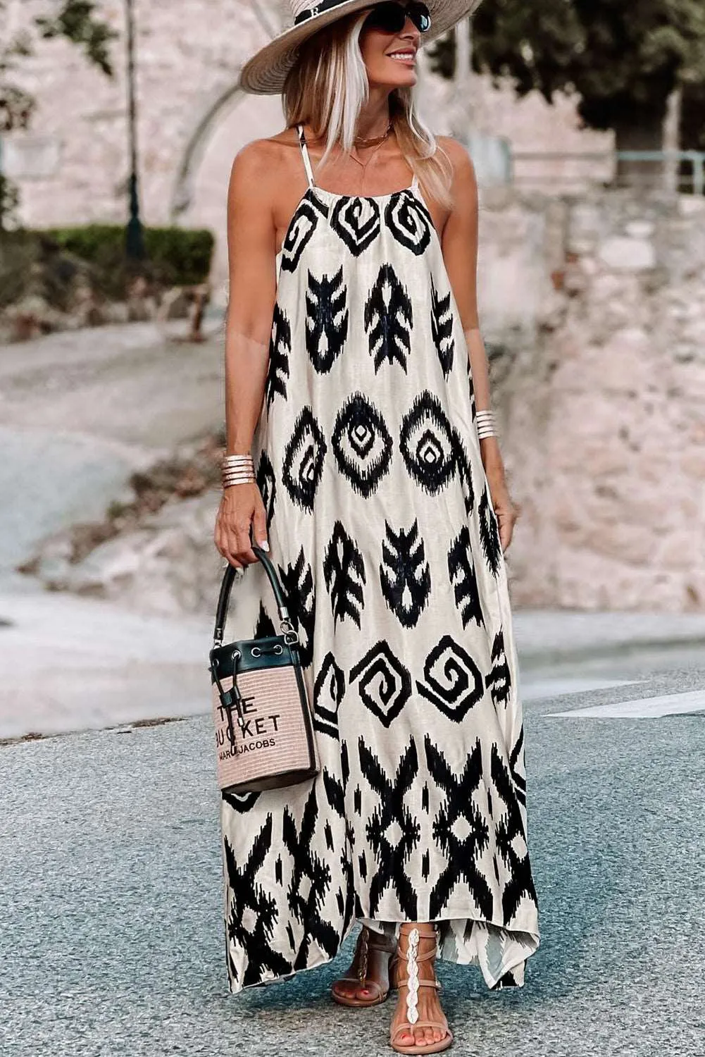 Black Geometric Printed Spaghetti Strap Vacation Sundress