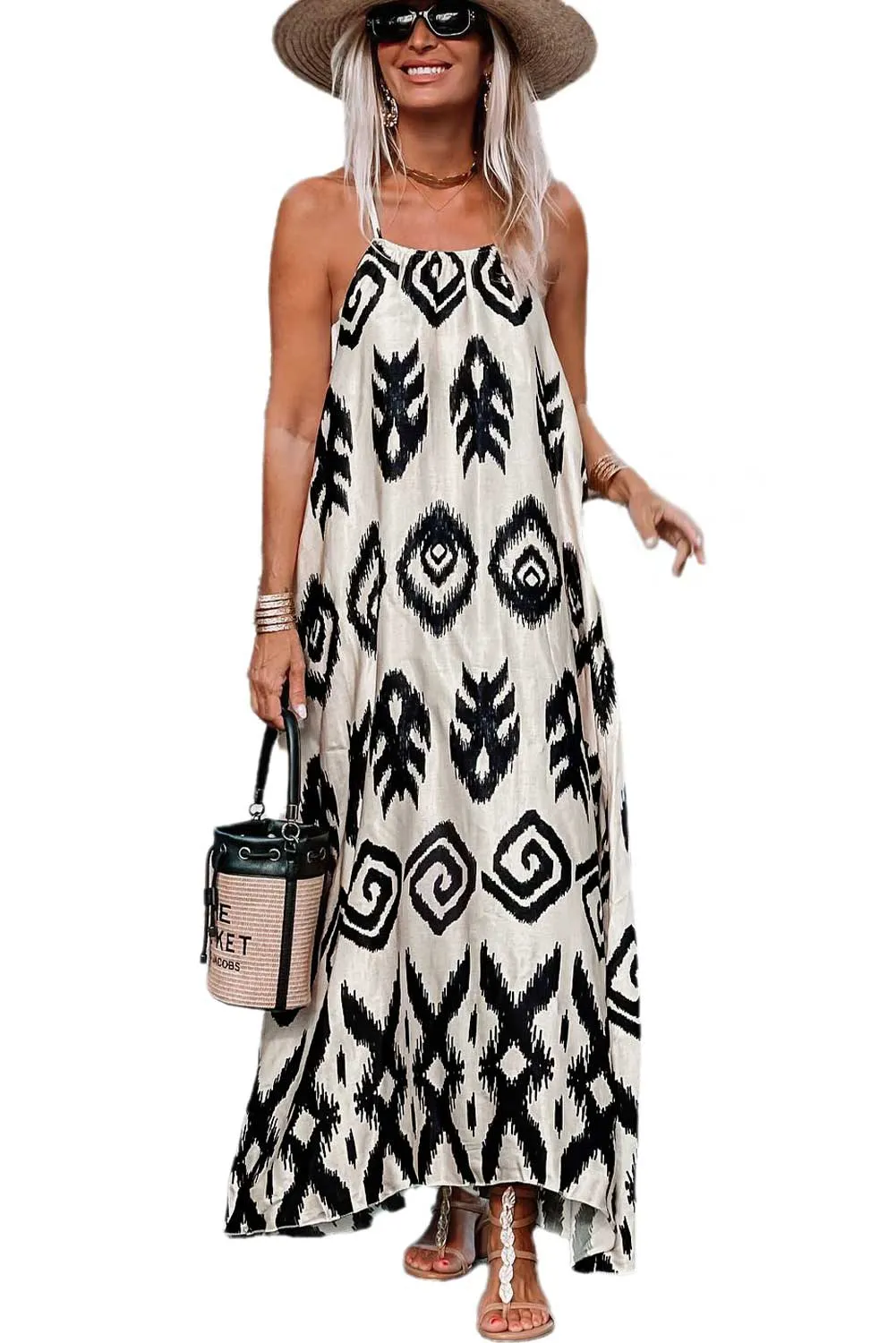 Black Geometric Printed Spaghetti Strap Vacation Sundress