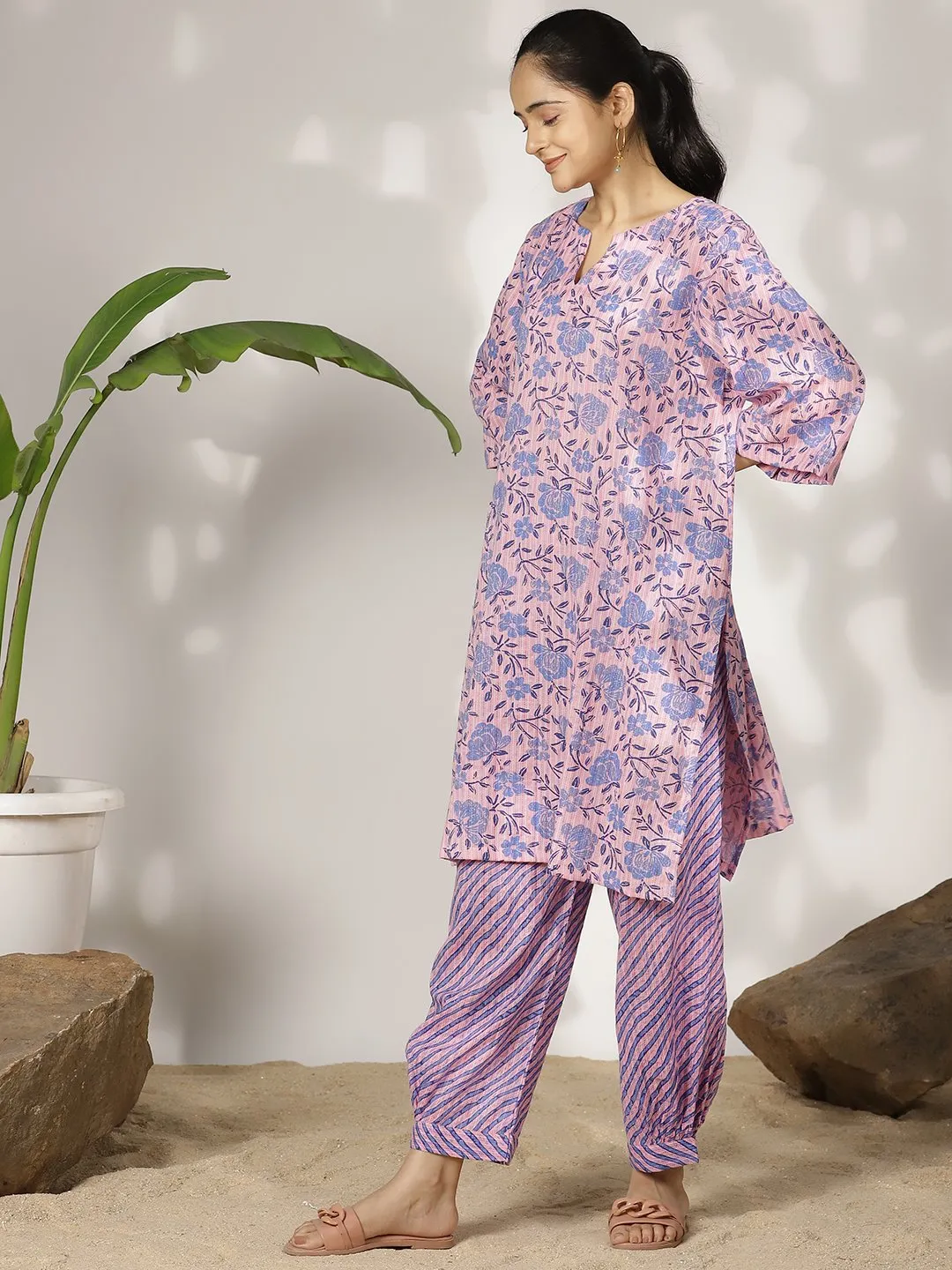 BlueFloral Cotton LongKurta