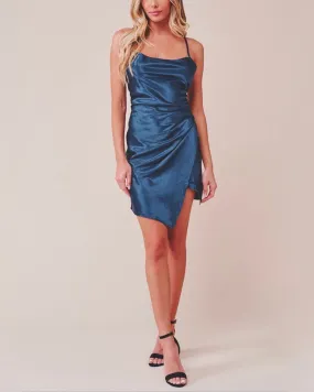 Breaking Hearts Satin Cowl Neck Front Wrap Mini Dress in Navy