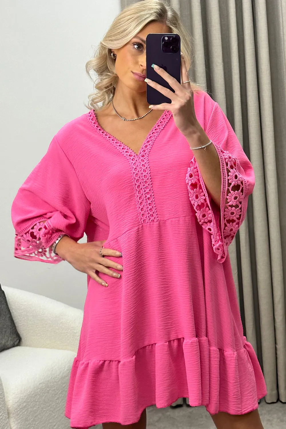 Briella Pink V Neck Crochet Trim Tiered Frill Smock Dress