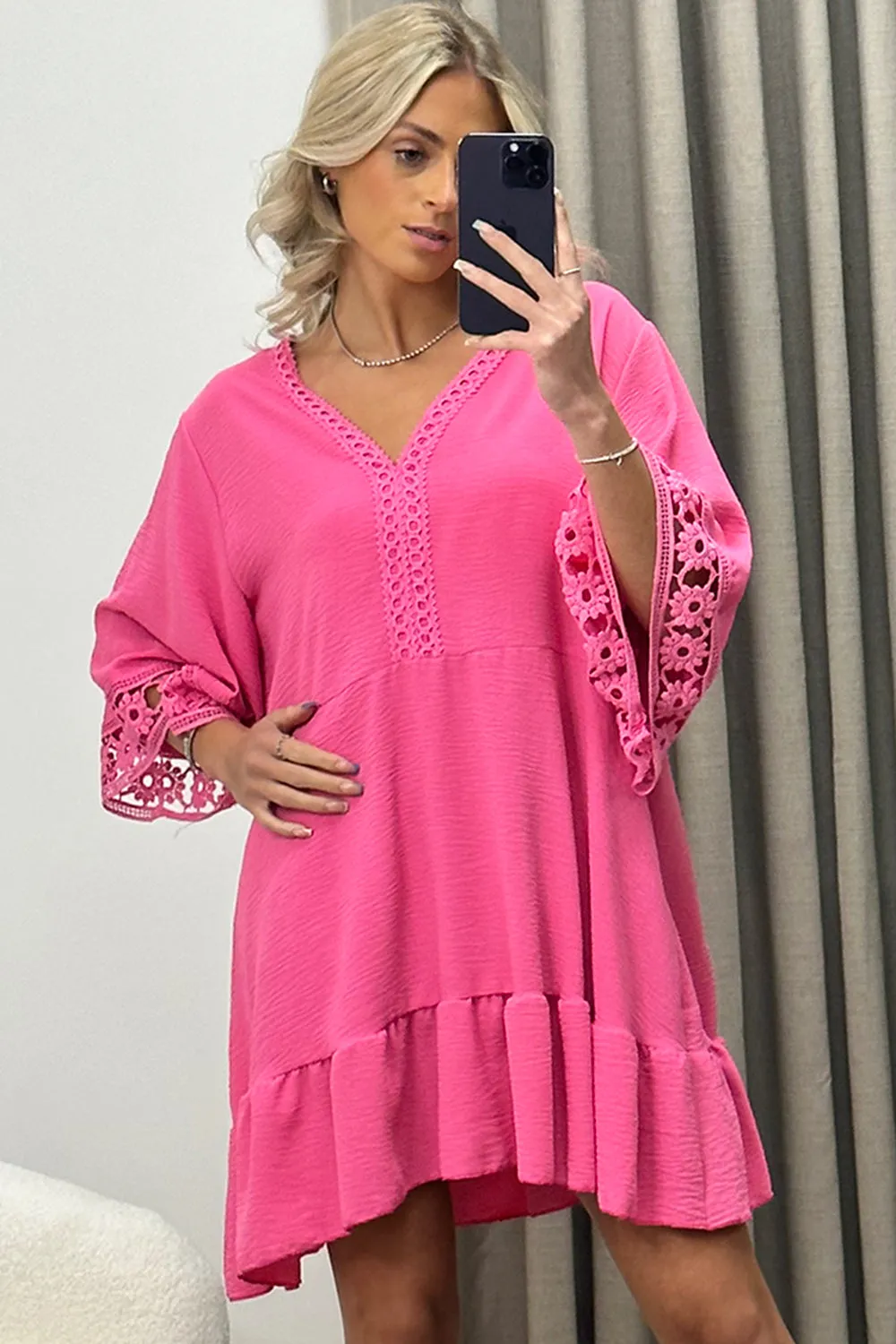 Briella Pink V Neck Crochet Trim Tiered Frill Smock Dress