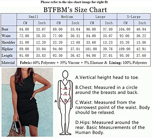 BTFBM Women Casual Dress Crew Neck Ruched Summer Sleeveless Tank Bodycon Shirt Short Mini Dresses (106Black, Medium)