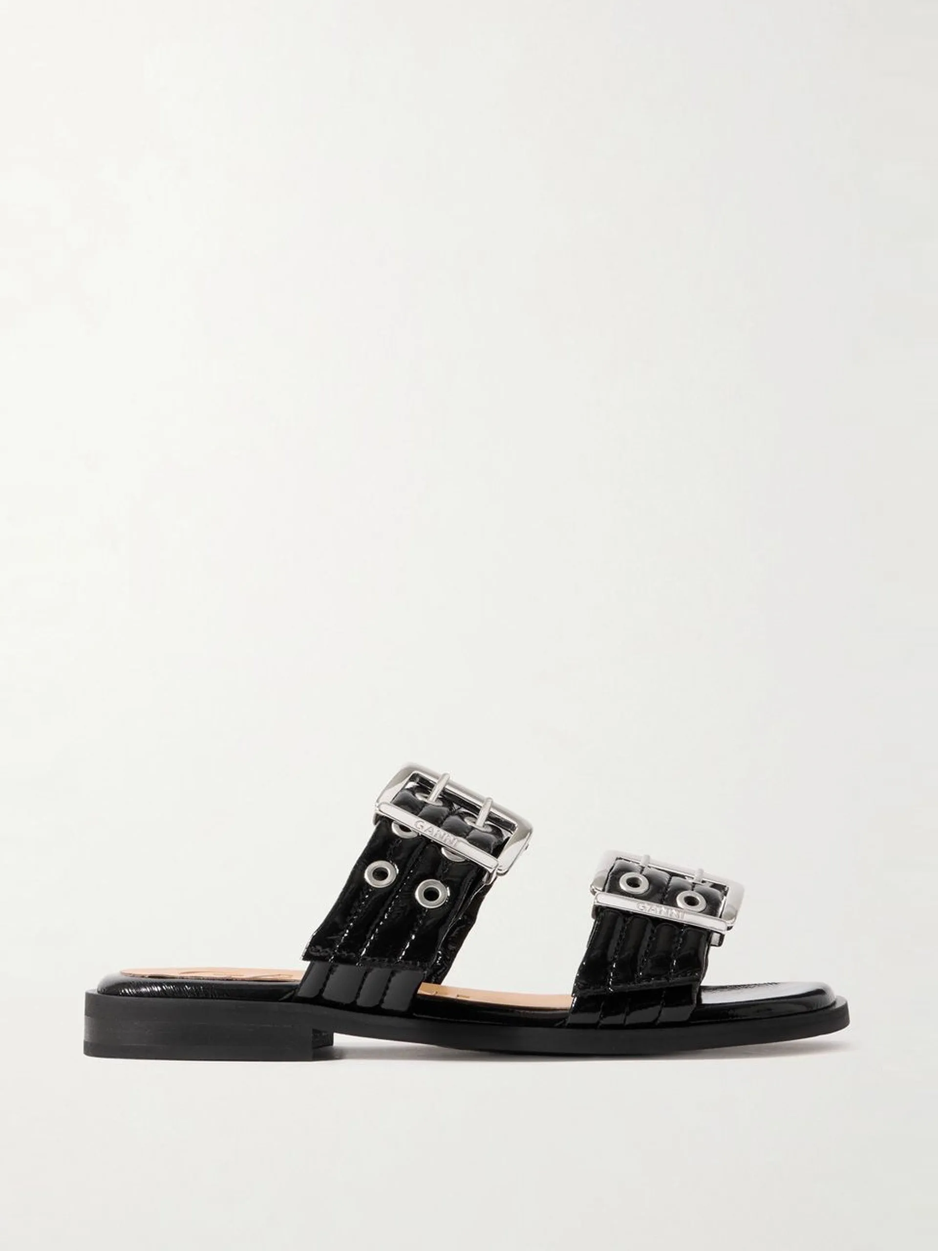 Buckled eyelet-embellished recycled faux patent-leather sandals