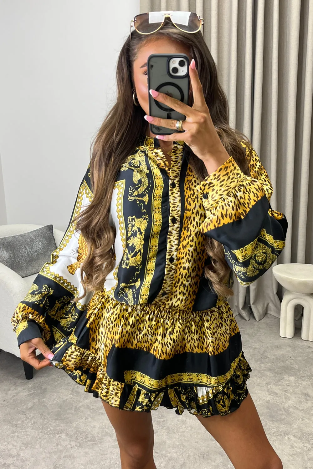 Colbie Black and Gold Leopard Print Shirt and Tiered Frill Skort Co-Ord Set