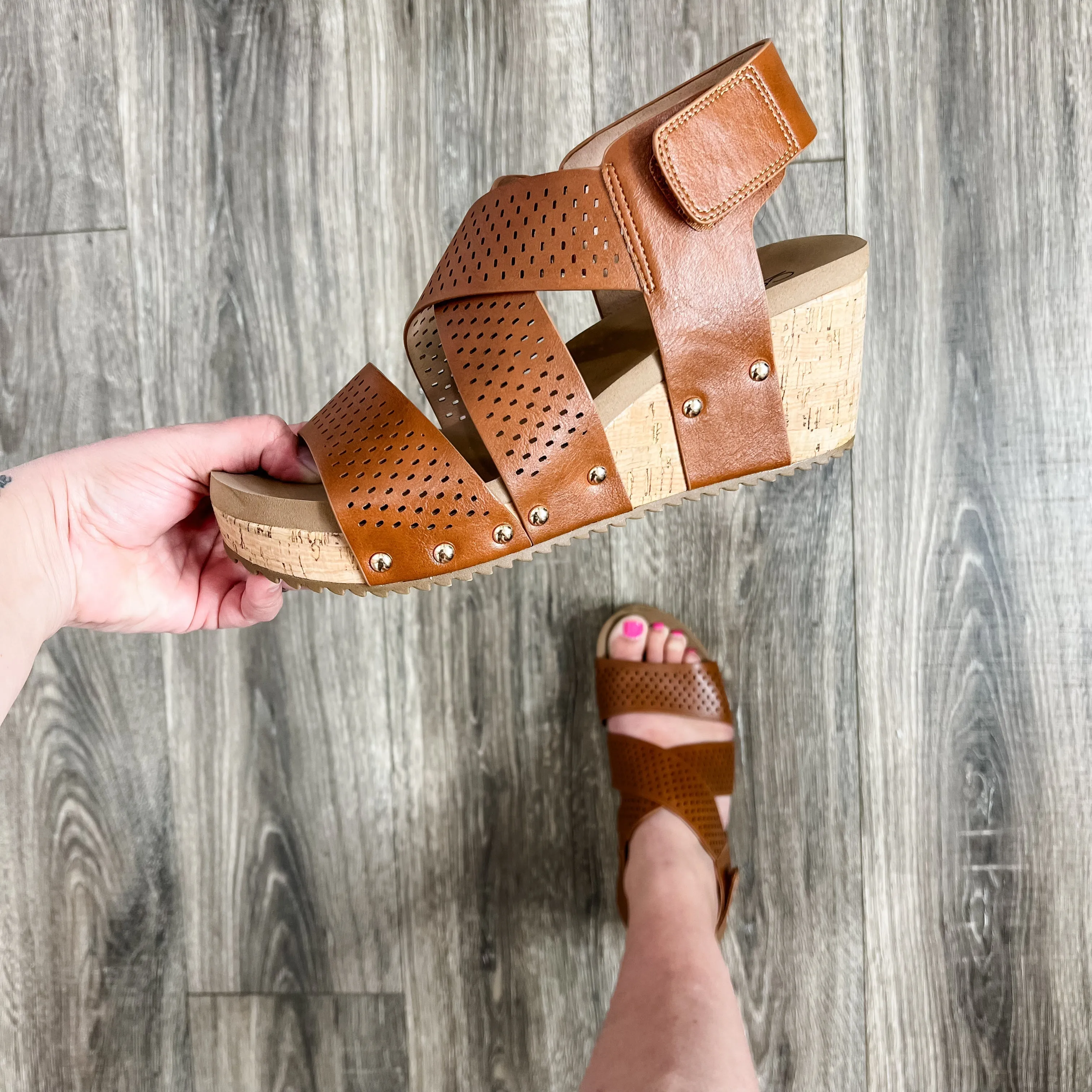 Corkys "Guilty Pleasure" Wedge Criss Cross Strap Sandal (Cognac)