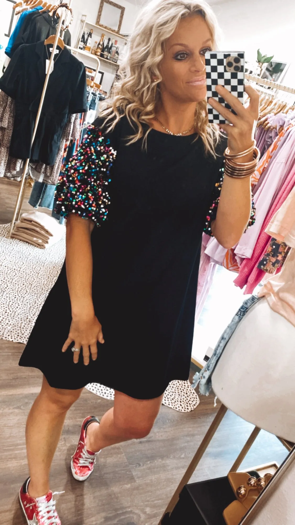 Cotton Mini Dress with Sequin Bubble Sleeve