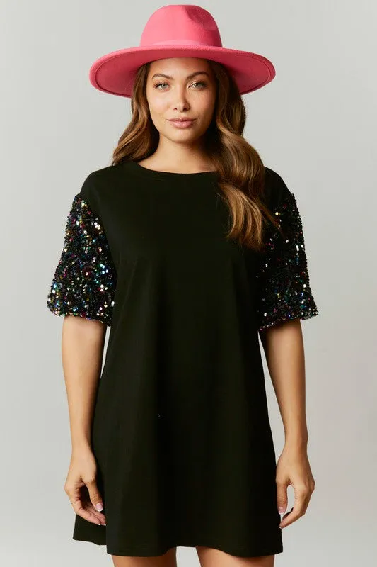 Cotton Mini Dress with Sequin Bubble Sleeve