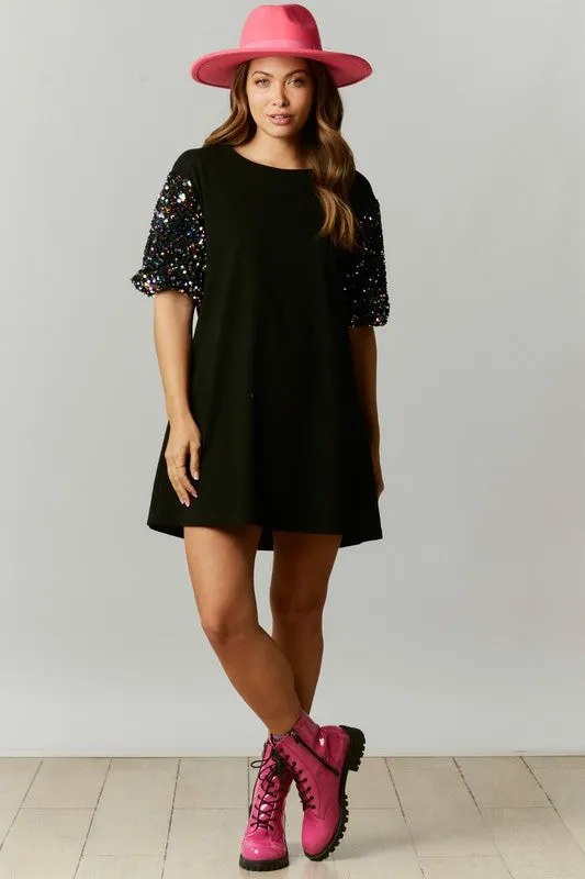 Cotton Mini Dress with Sequin Bubble Sleeve