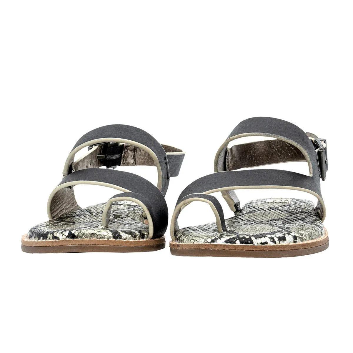 Crown Vintage Snakeskin Strap Flat Sandals Leather Black Colour For Women