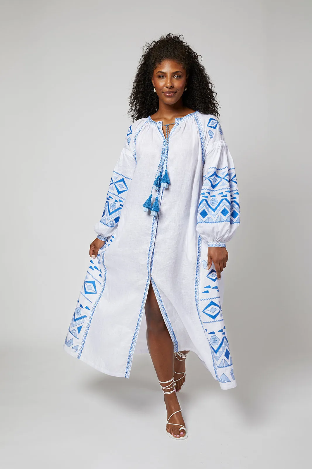 Daniela Ukrainian Embroidered Maxi Dress / Kaftan - White, Blue