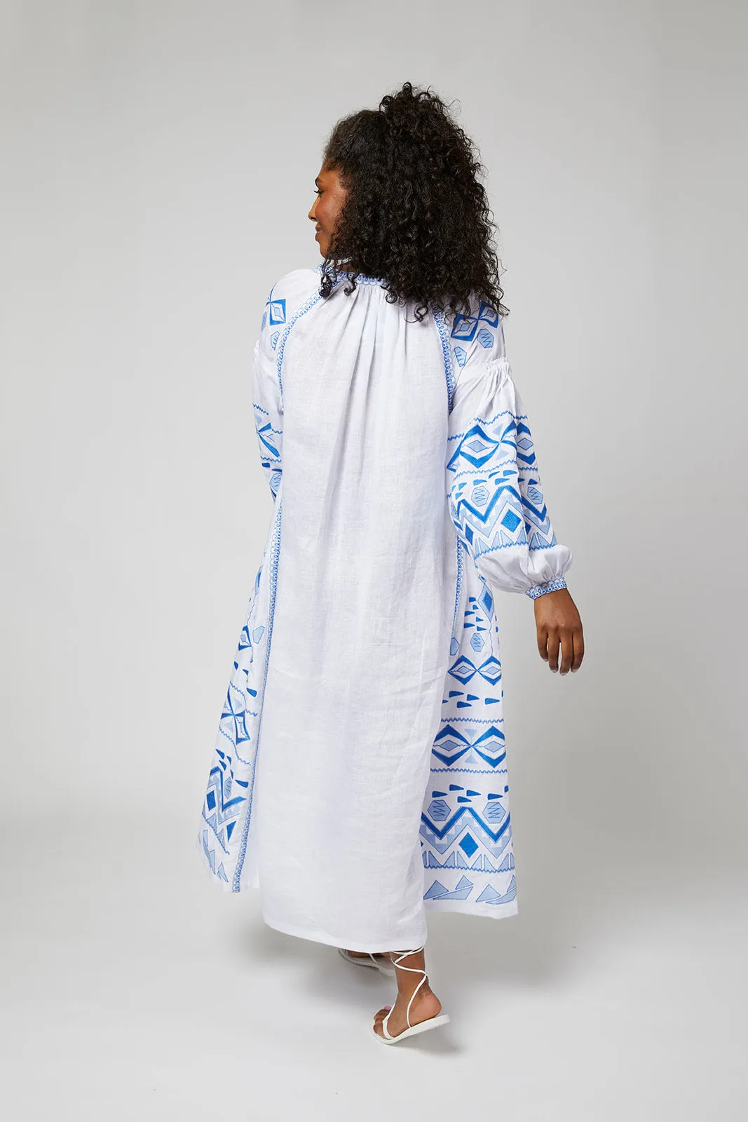 Daniela Ukrainian Embroidered Maxi Dress / Kaftan - White, Blue