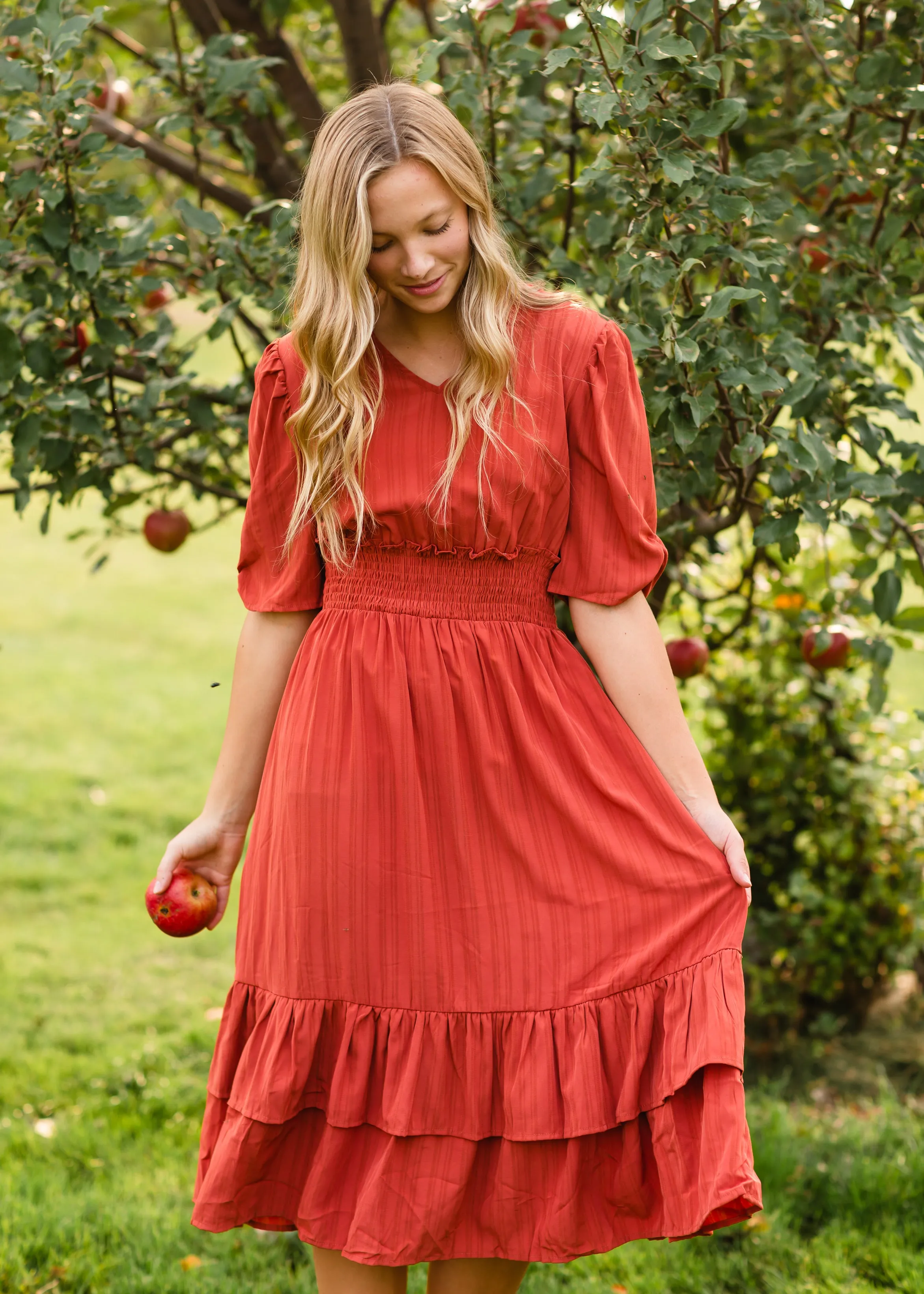 Dark Coral Ruffle Flare Midi Dress