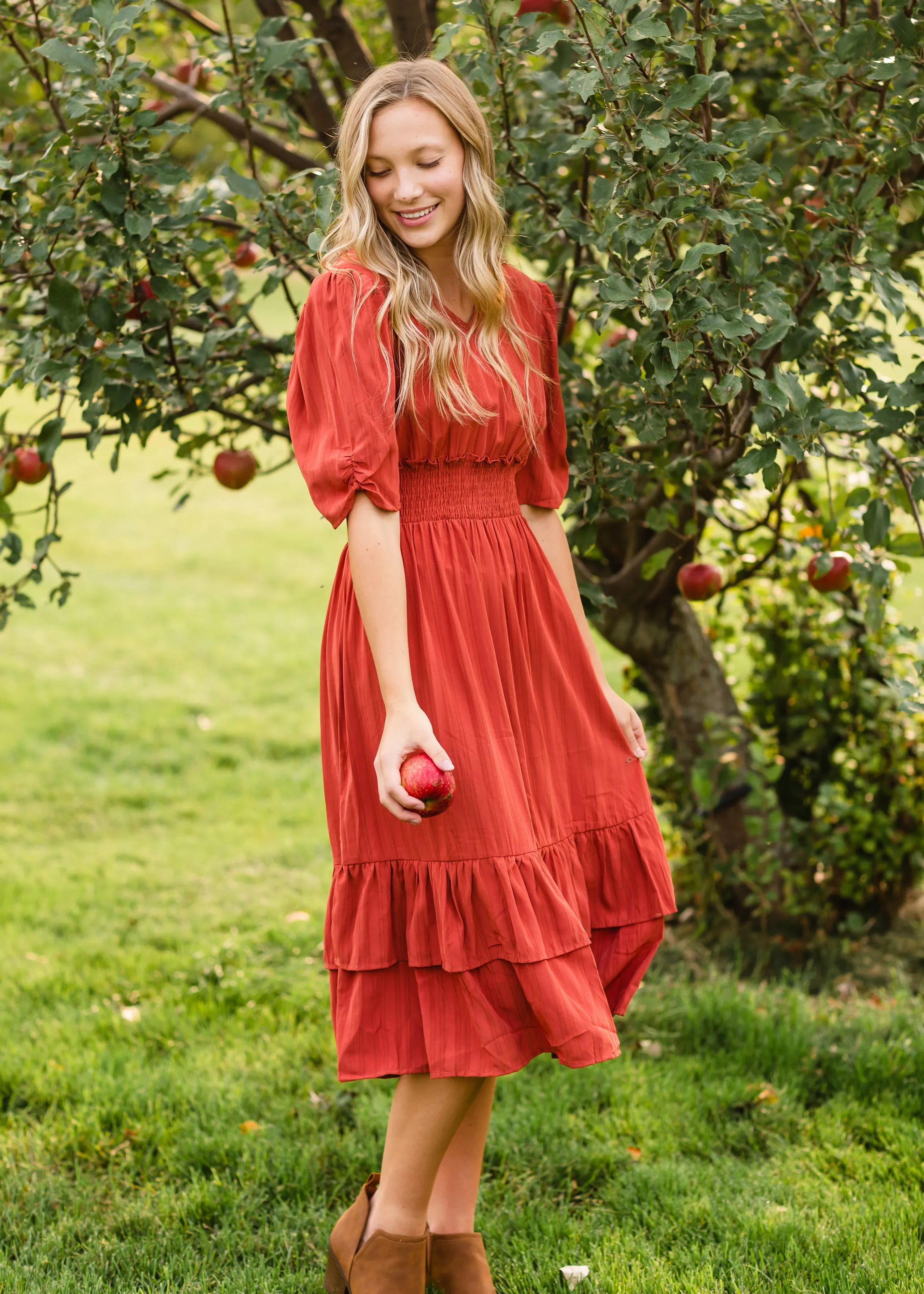 Dark Coral Ruffle Flare Midi Dress