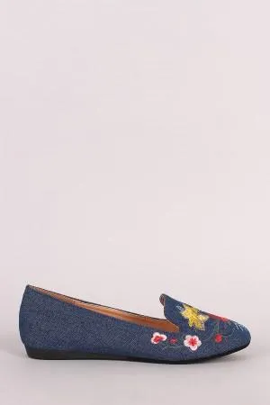 Denim Embroidered Floral Round Toe Loafer Flat