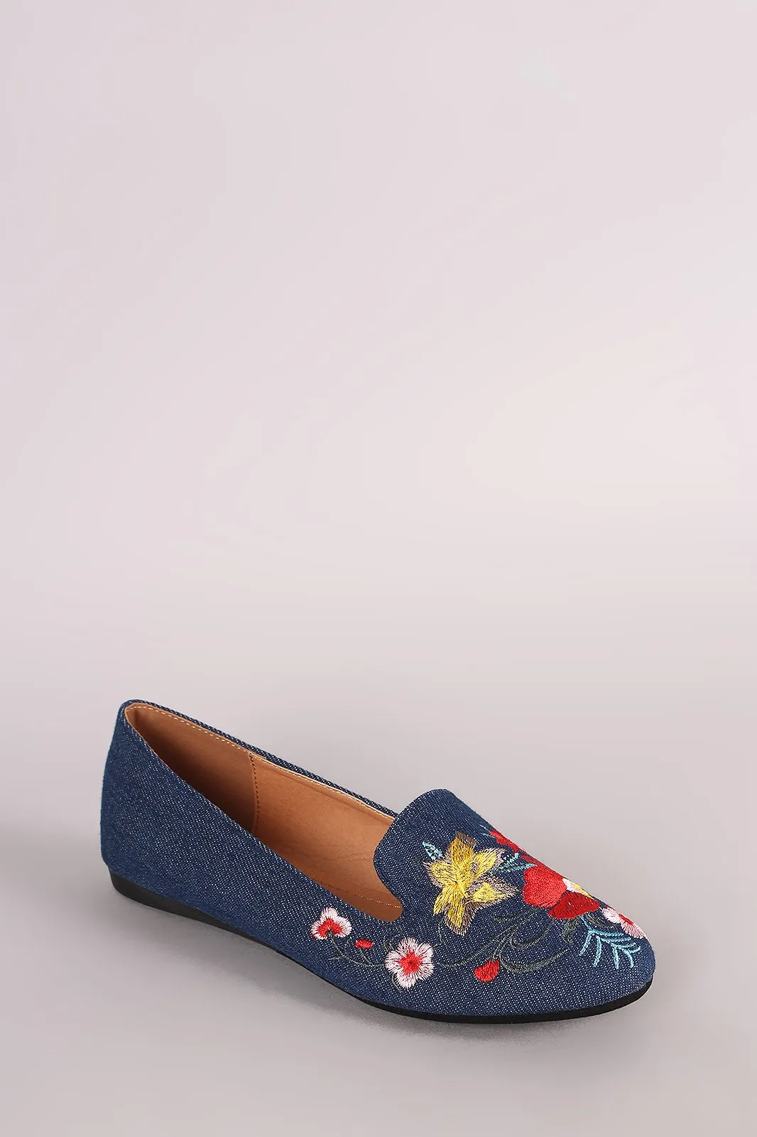 Denim Embroidered Floral Round Toe Loafer Flat