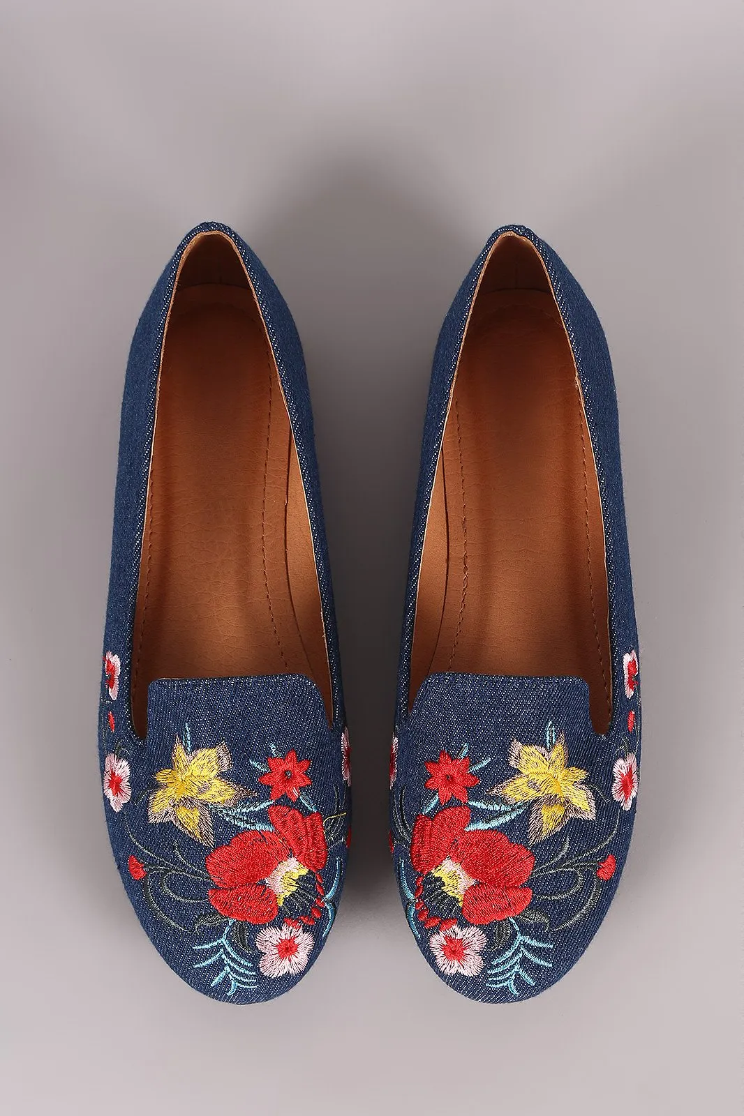 Denim Embroidered Floral Round Toe Loafer Flat