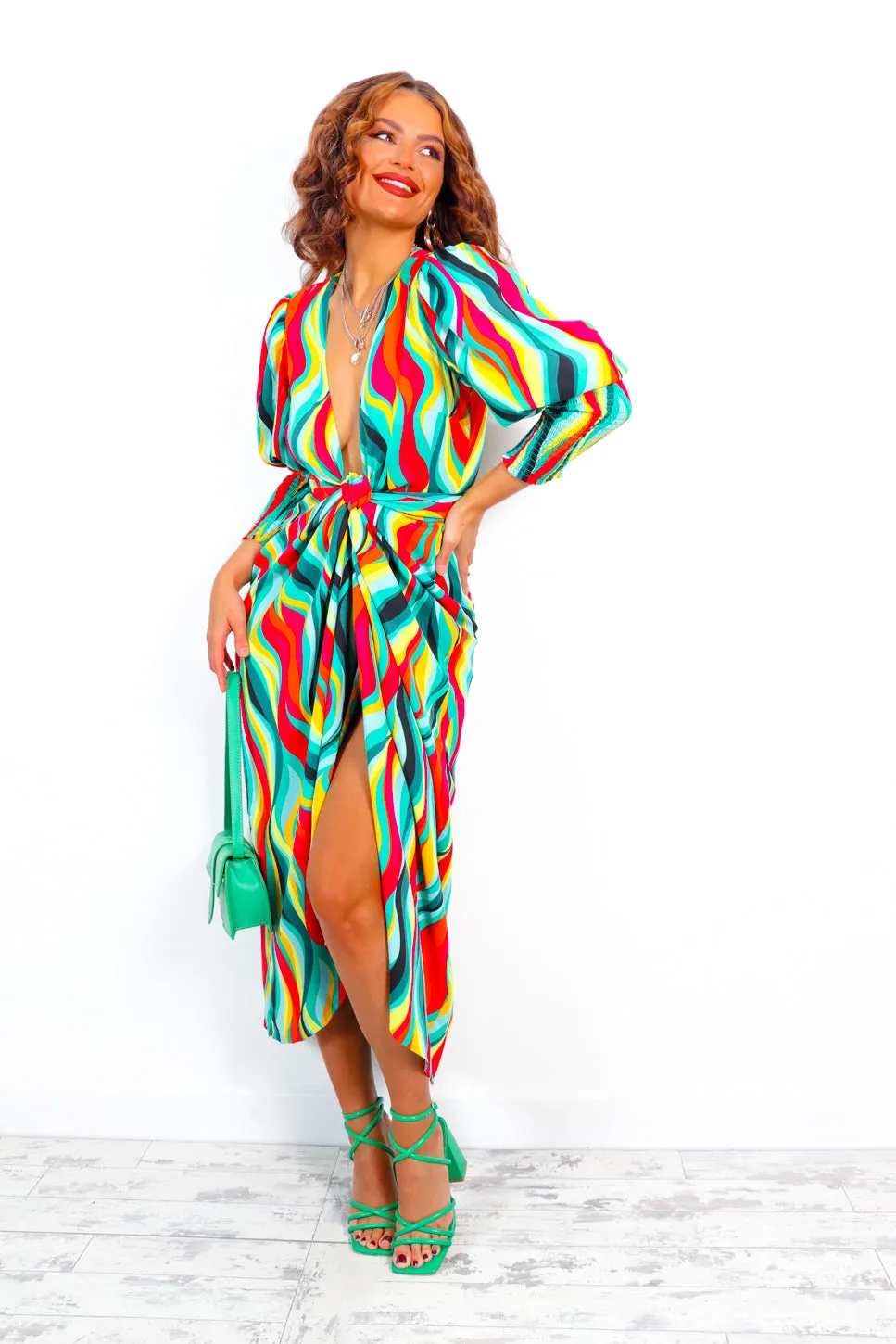 Drive Em Wild - Green Yellow Multi Wave Print Wrap Midi Dress