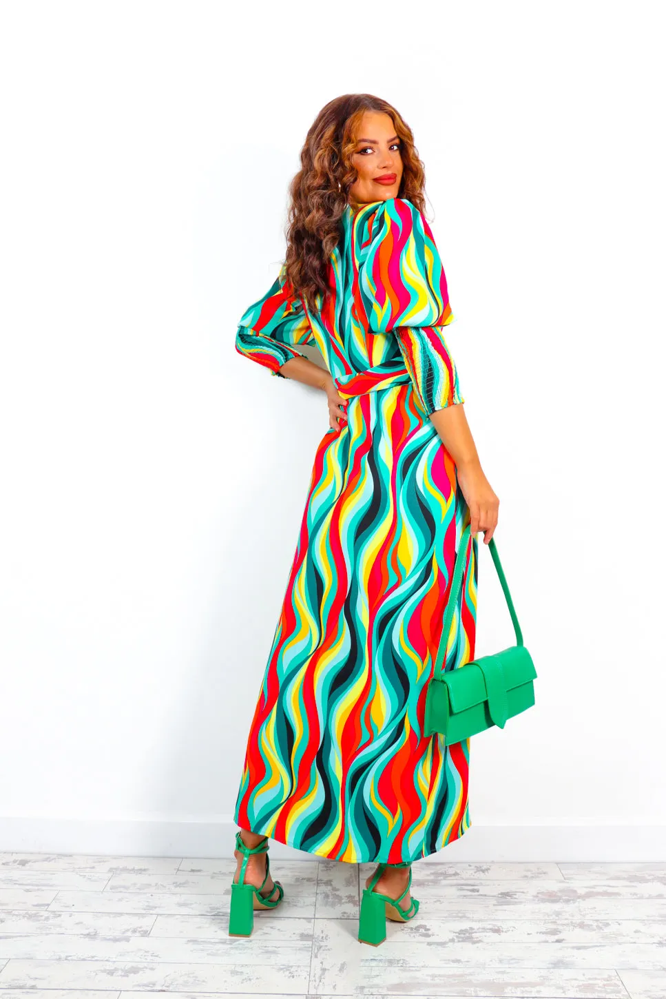 Drive Em Wild - Green Yellow Multi Wave Print Wrap Midi Dress