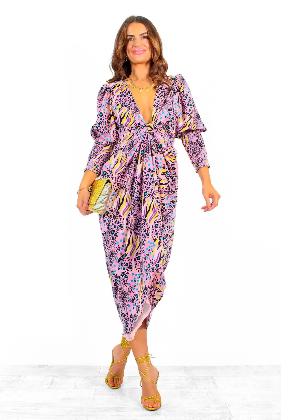 Drive Em Wild - Pink Multi Animal Print Midi Wrap Dress