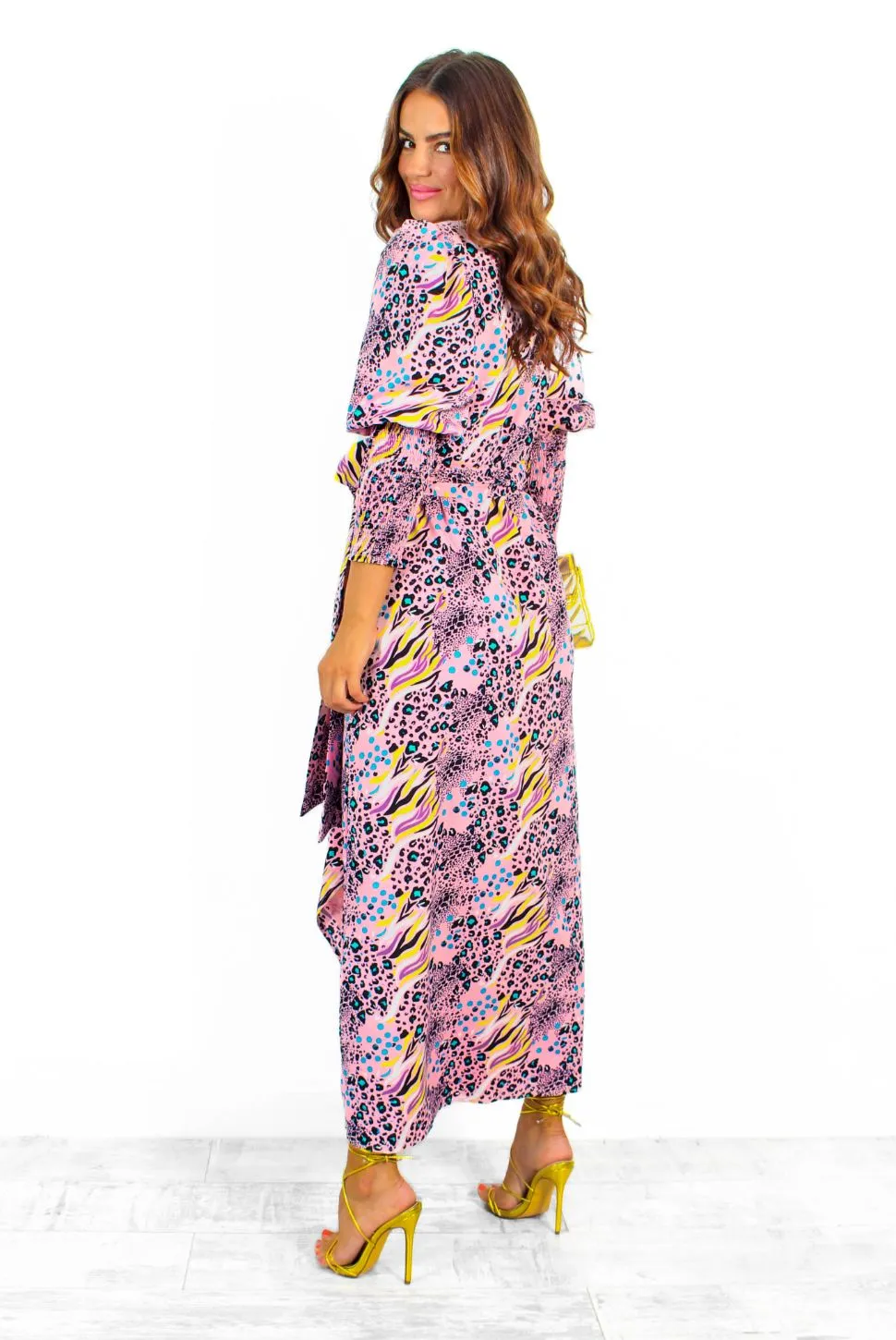 Drive Em Wild - Pink Multi Animal Print Midi Wrap Dress