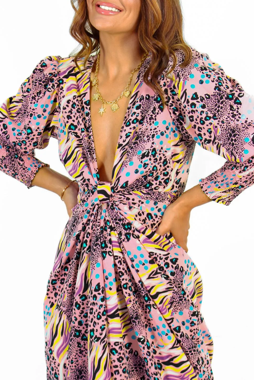 Drive Em Wild - Pink Multi Animal Print Midi Wrap Dress