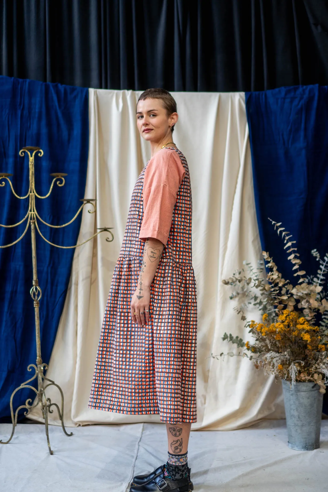 Drop Waist Dress - Blue and Orange Waffle Print