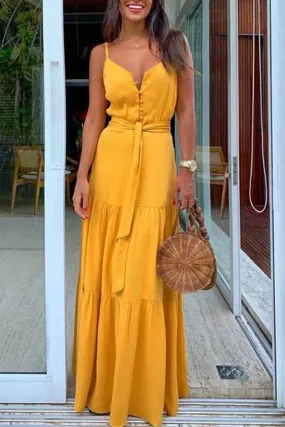 Dunnmall Button V-Neck Maxi Dress With Belt