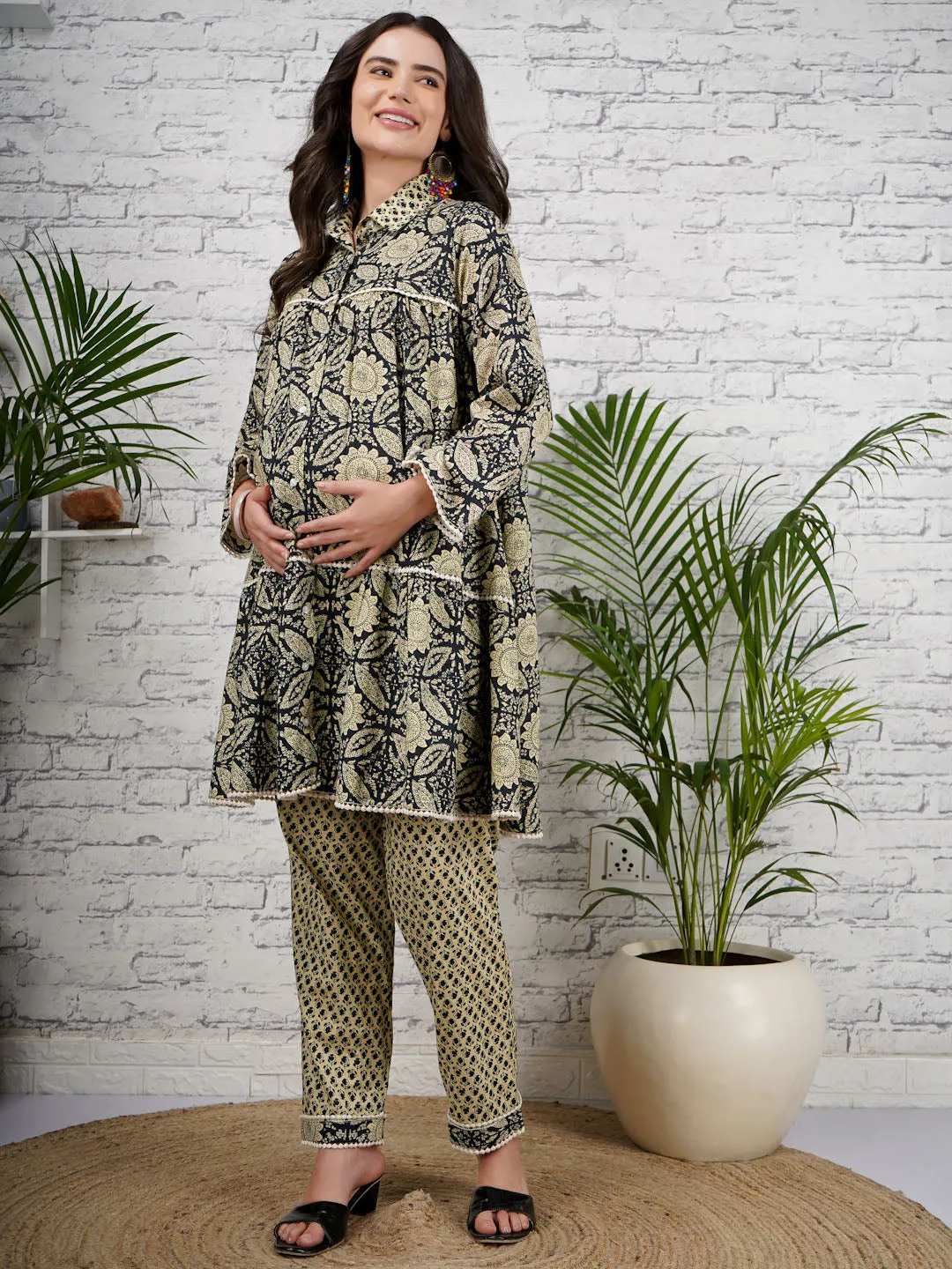 ELINA - GREEN PRINTED KURTA AND MATCHING TROUSER WITH EMBROI MATERNITY CO-ORDS SET